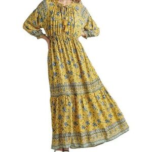 Floral‎ Maxi Dress Bohemian Long Sleeve Tassel Tie Women's Size M Yellow Blue